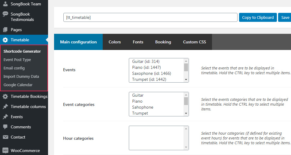 Timetable Subtabs