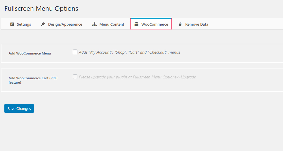 Fullscreen Menu Options WooCommerce