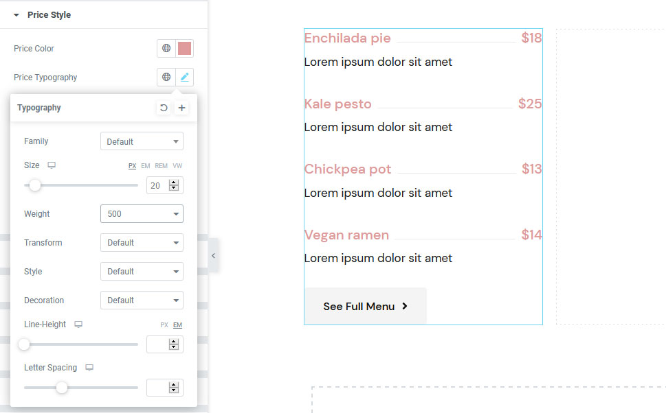 Price List Typography