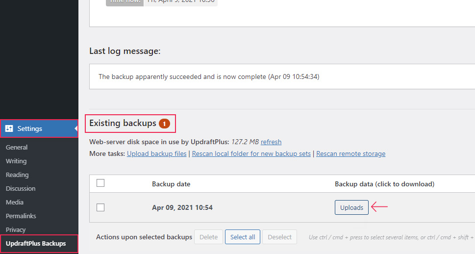 Updraft Plugin Existing Backups