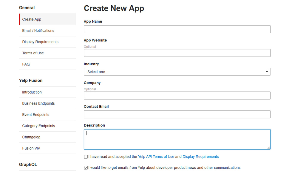 Yelp Create New App