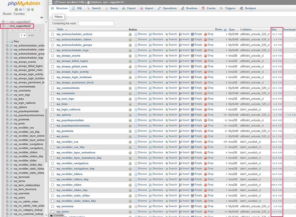 phpMyAdmin Size Column