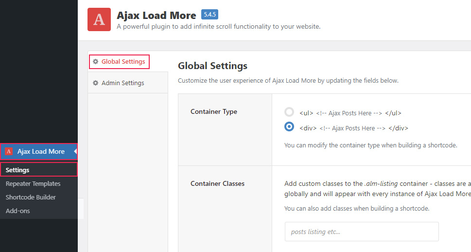 Ajax Load More Global Settings