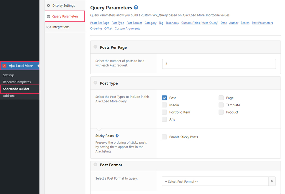 Ajax Load More Shortcode Builder Query Parameters