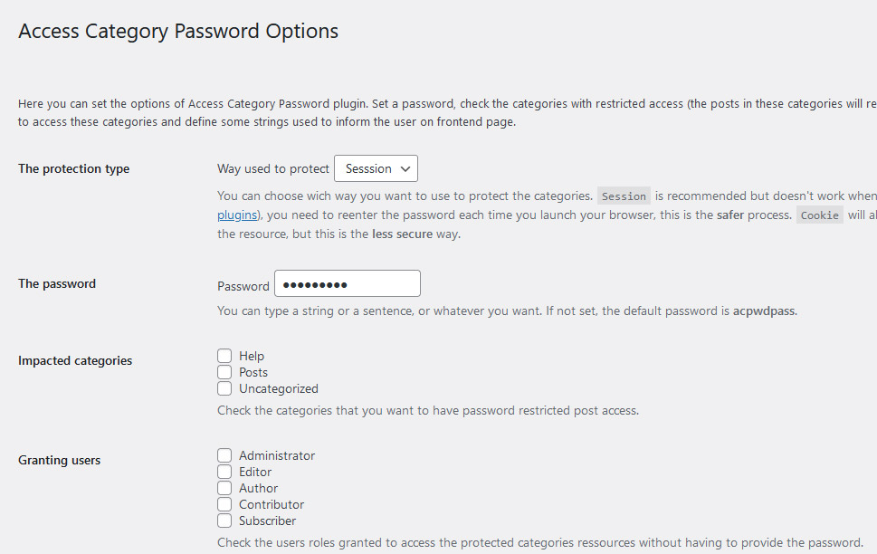 Category Password Options