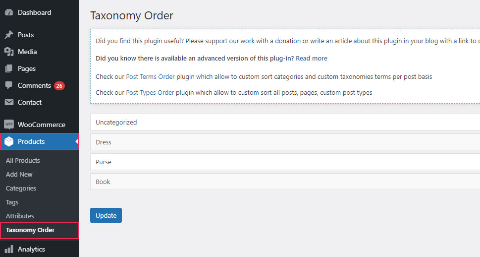 Products Taxonomy Order