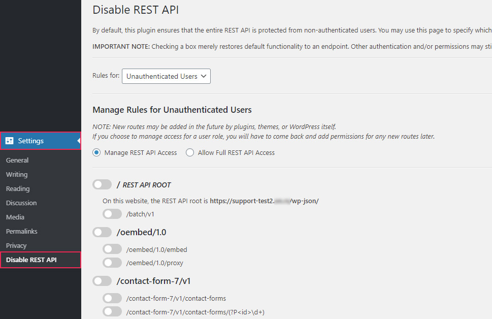 Settings Disable REST API