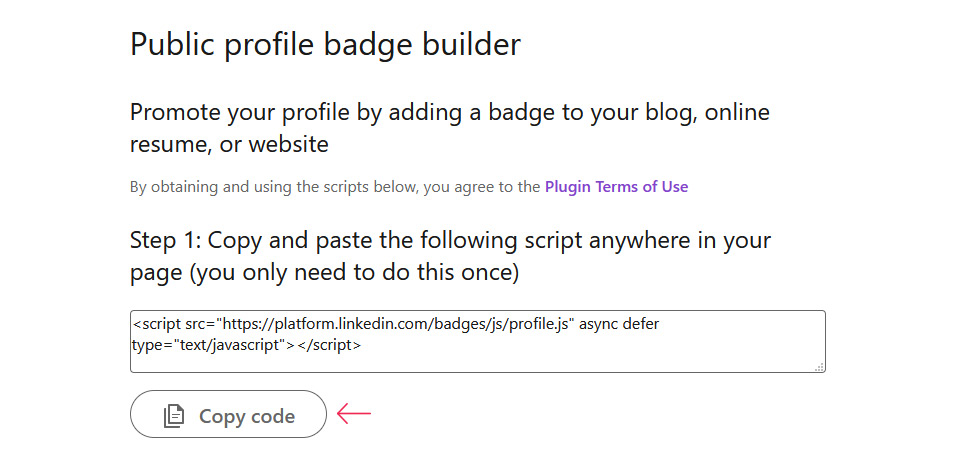 LinkedIn Badge Builder Copy Code