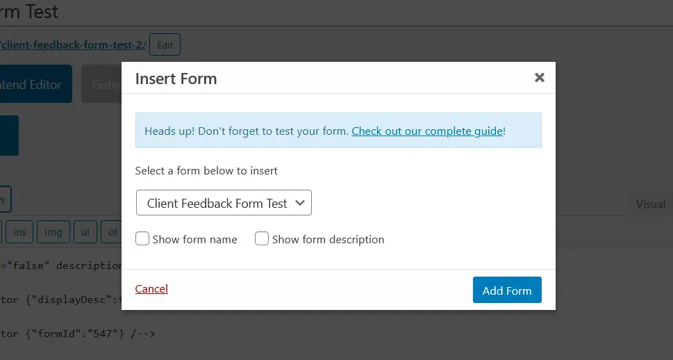 WPForms Classic Editor Insert Form