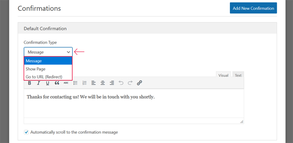 WPForms Confirmation Type