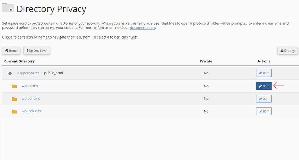 cPanel Directory Privacy WP Admin Edit