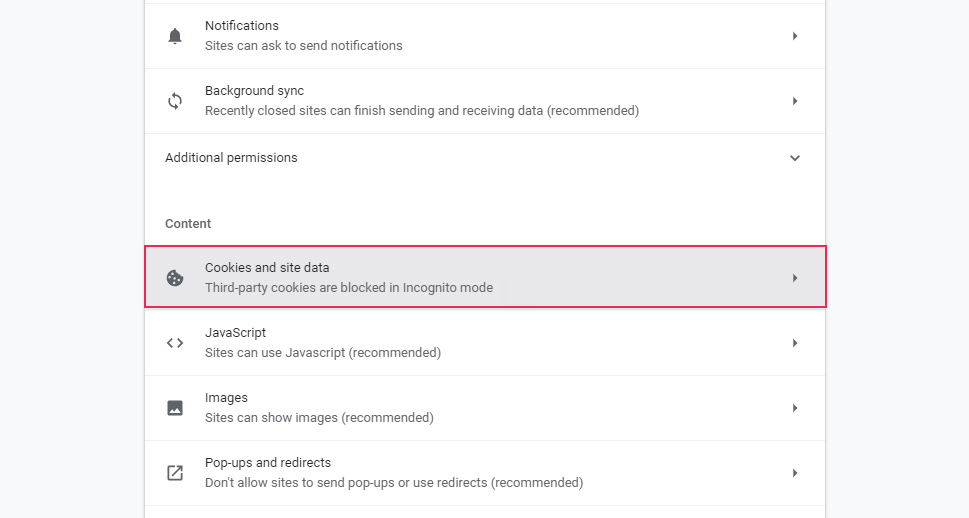 Chrome Cookies and Site Data