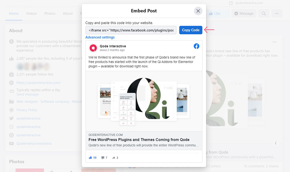 Copy Code Embed Facebook
