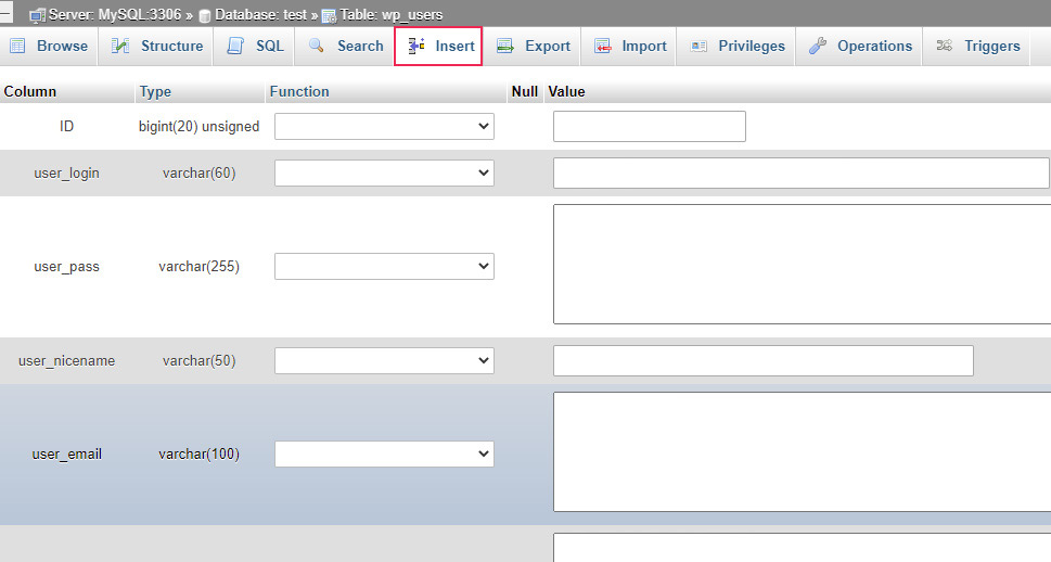 Creating New User Insert