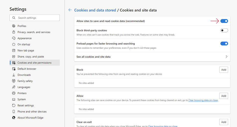 Edge Cookies and Site Data
