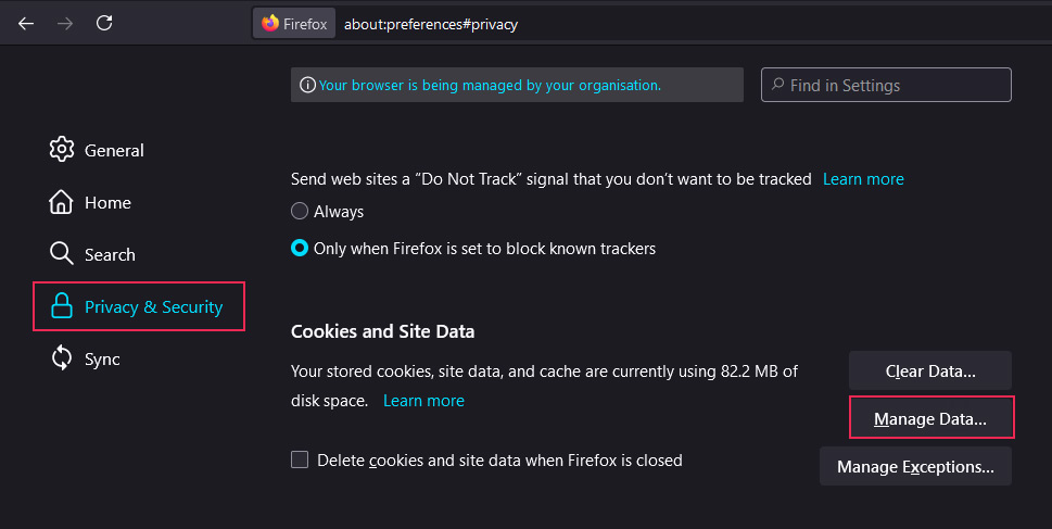 Firefox Manage Data