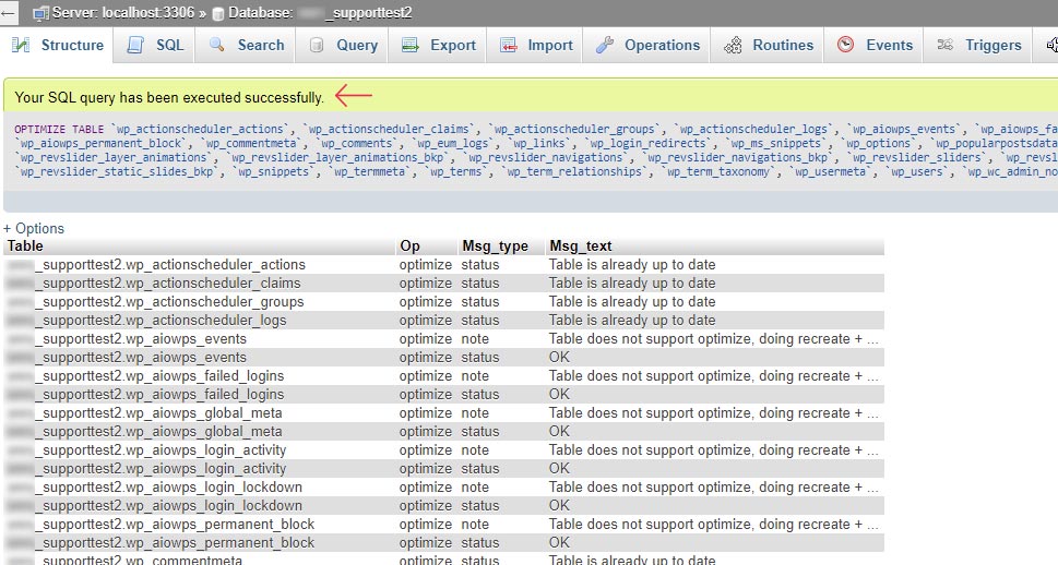 Manually Optimize Tables Success Message