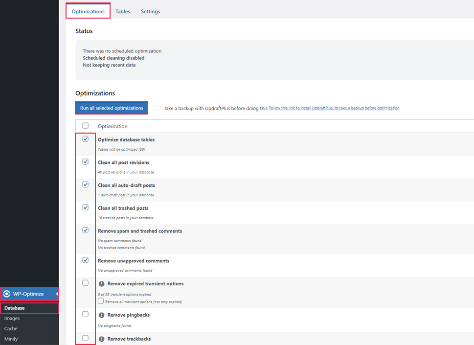 WP Optimize Database Optimizations