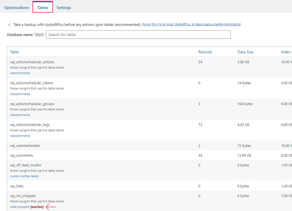 WP Optimize Tables Inactive