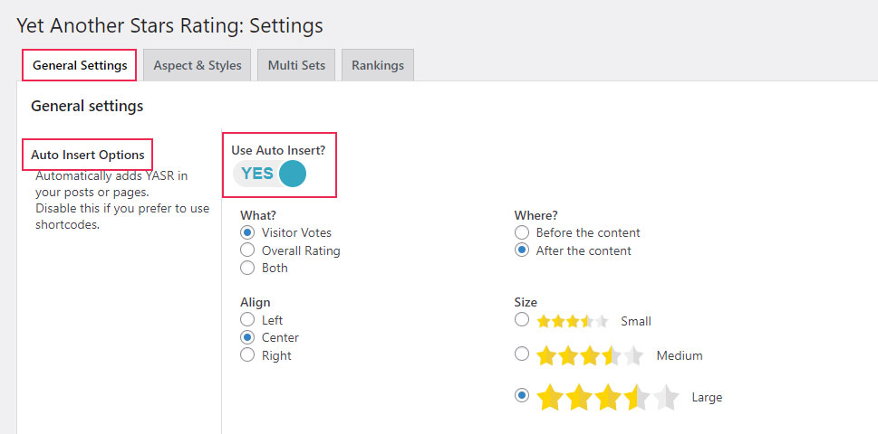 Yet Another Stars Rating General Settings