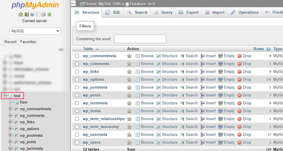 phpMyAdmin Localhost Test