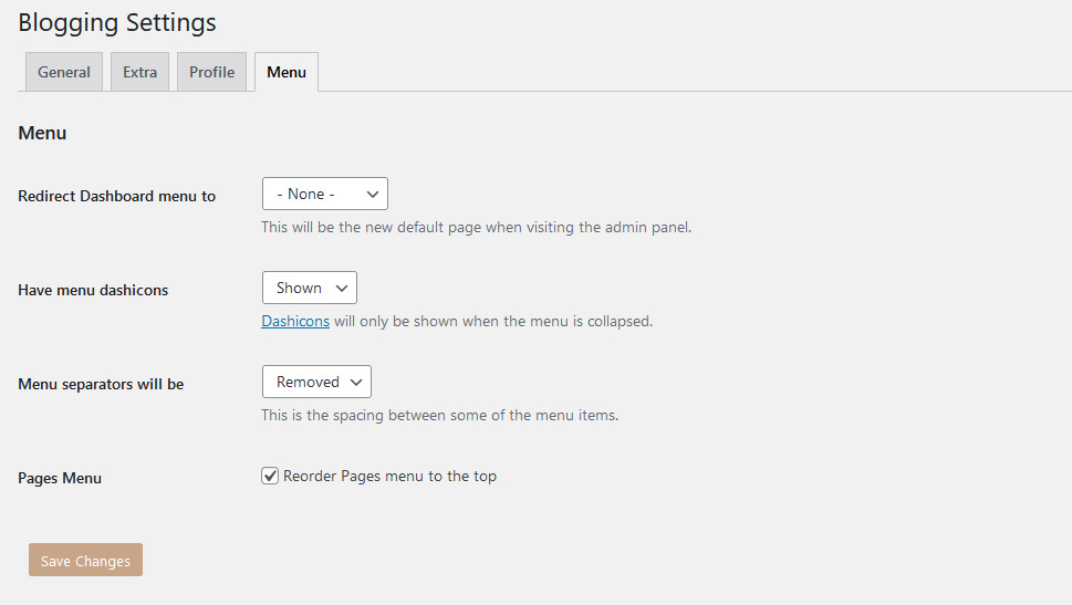 Blogging Settings Menu