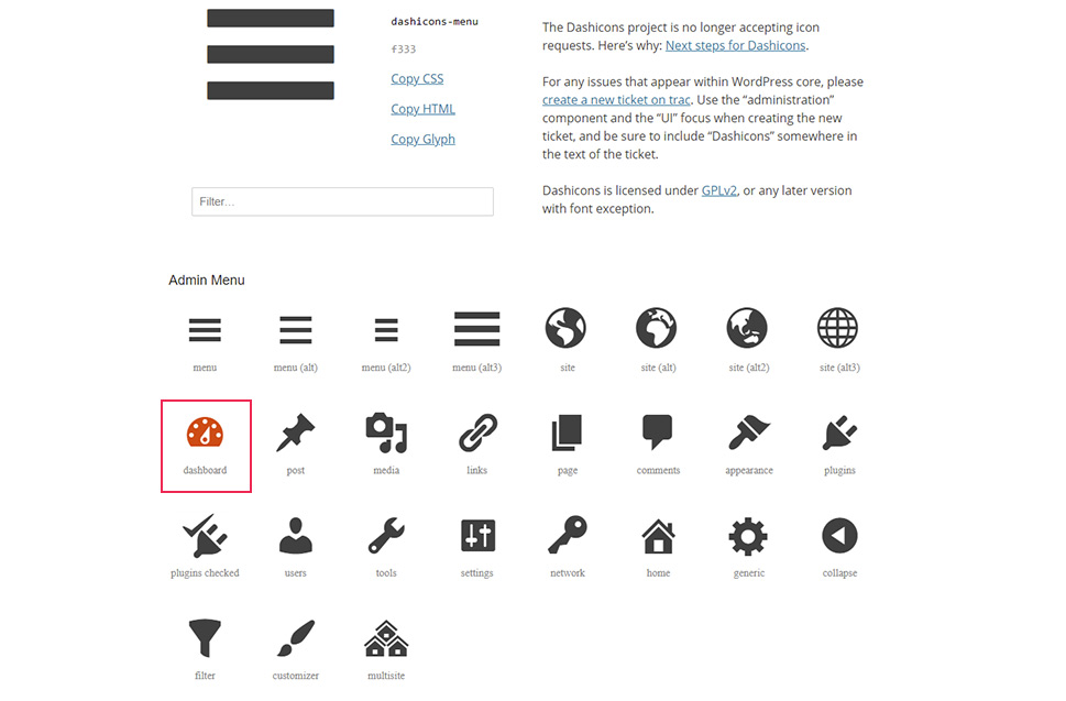 Dashicons page