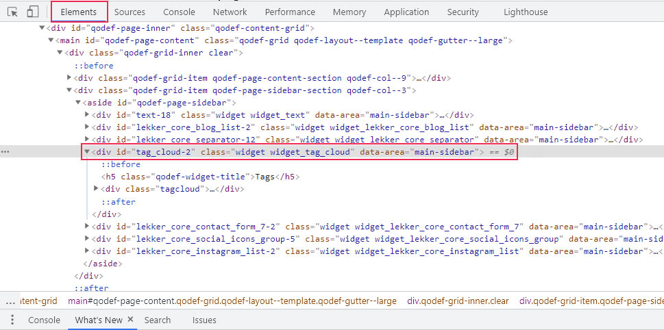 Inspect Tags Widget Elements