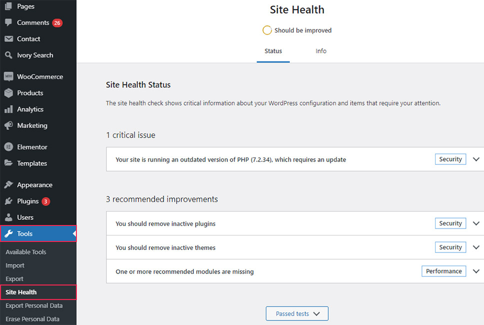 Tools Site Health