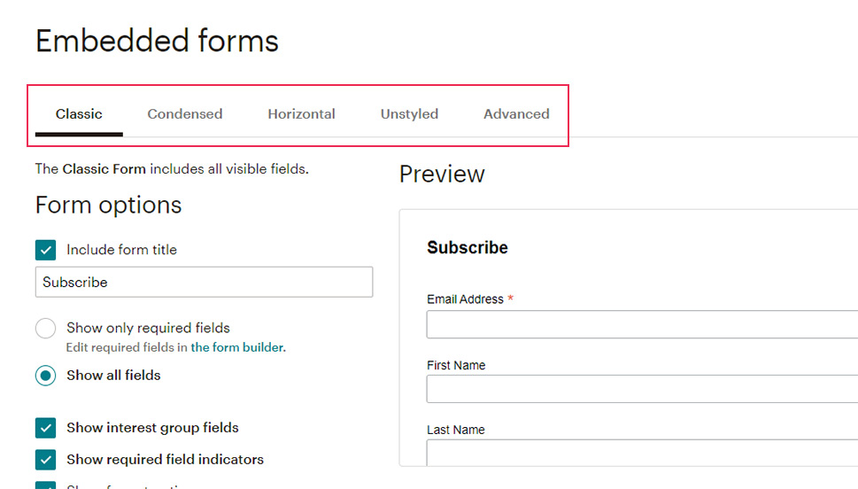MailChimp Form Options