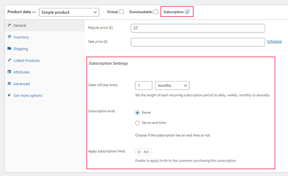 Simple Product Subscription Settings