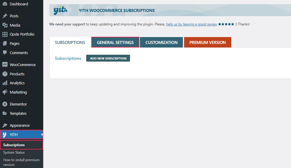 YITH Subscriptions General Settings