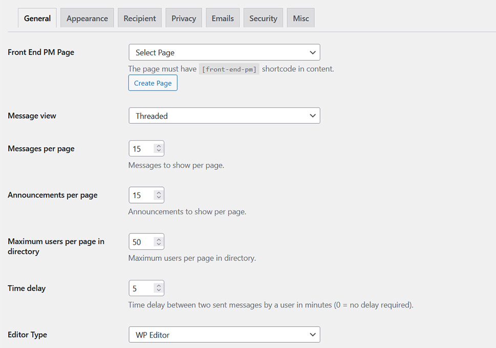 Front End PM General Settings