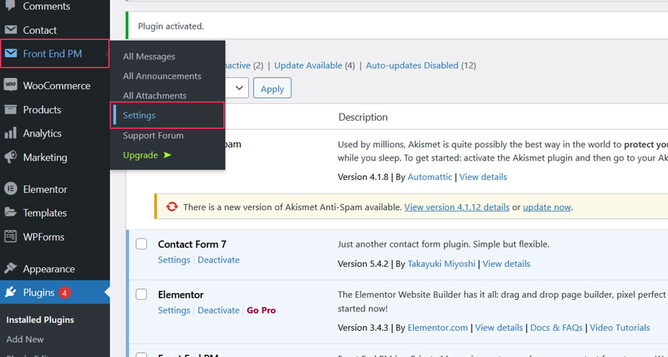 Front End PM Settings