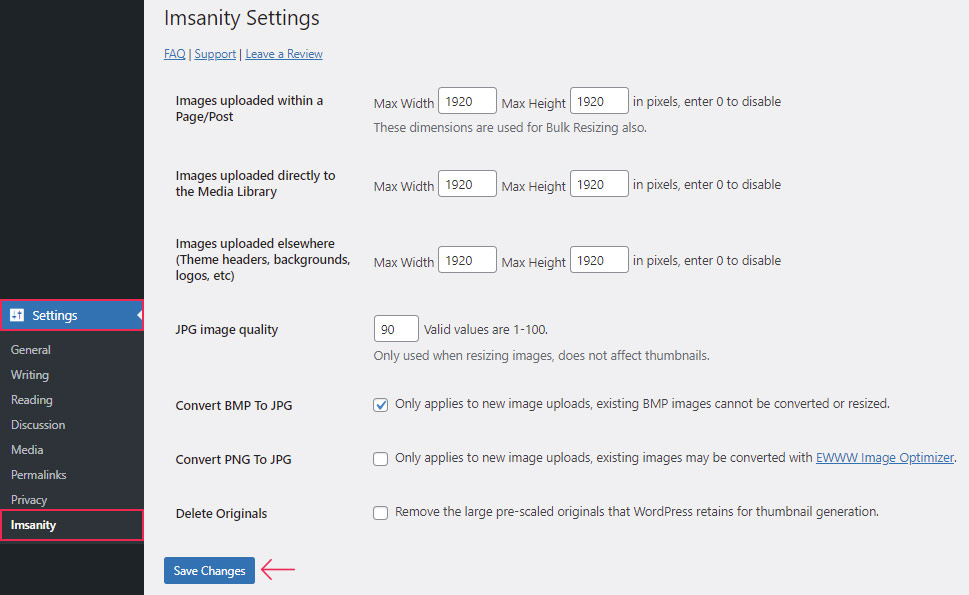 Imsanity Settings