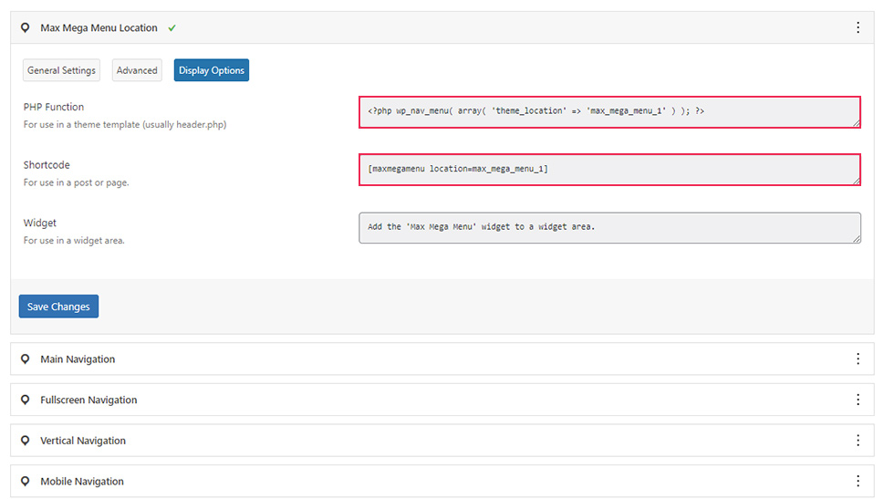 Max Mega Menu Location Display Options Codes