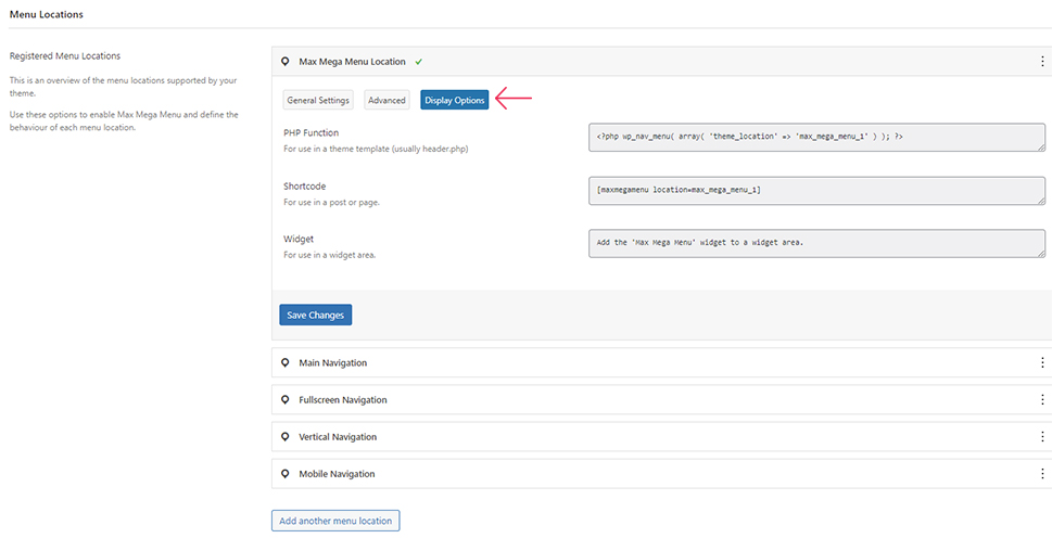 Max Mega Menu Location Display Options