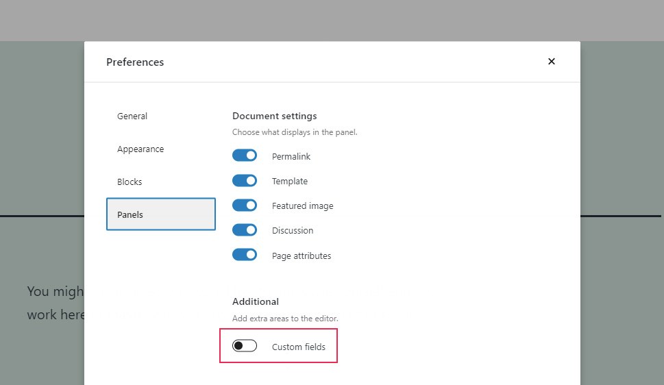 Gutenberg Preferences Panels Custom Fields