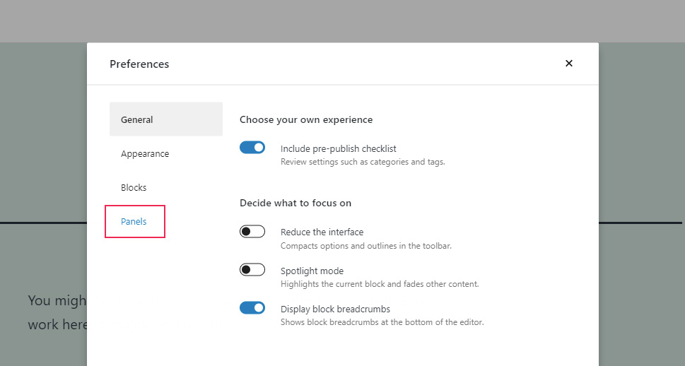 Gutenberg Preferences Panels