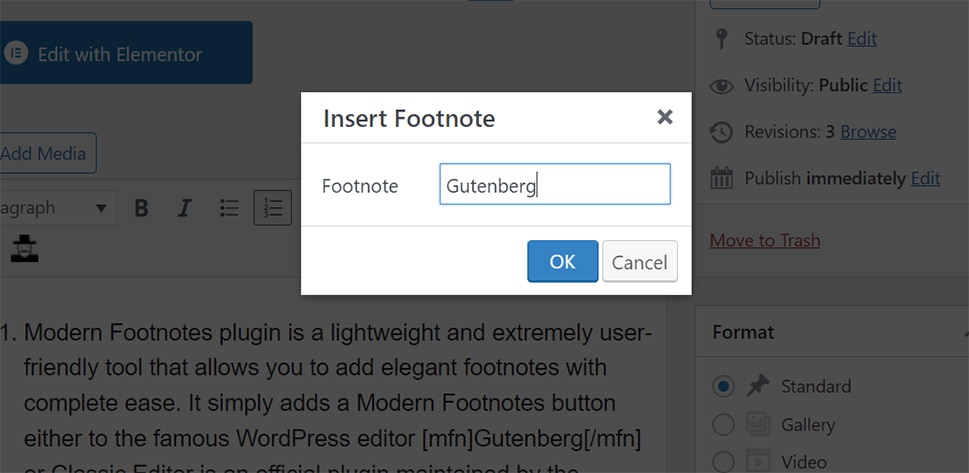 Insert Footnote Gutenberg