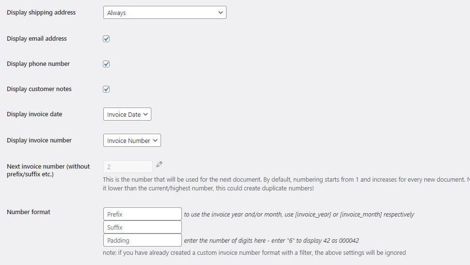 PDF Invoices Documents Settings