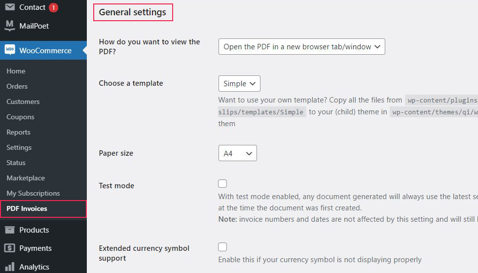 PDF Invoices General Settings