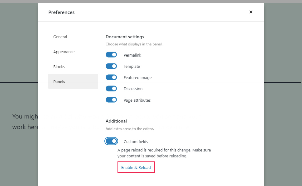 Panels Custom Fields Enable and Reload