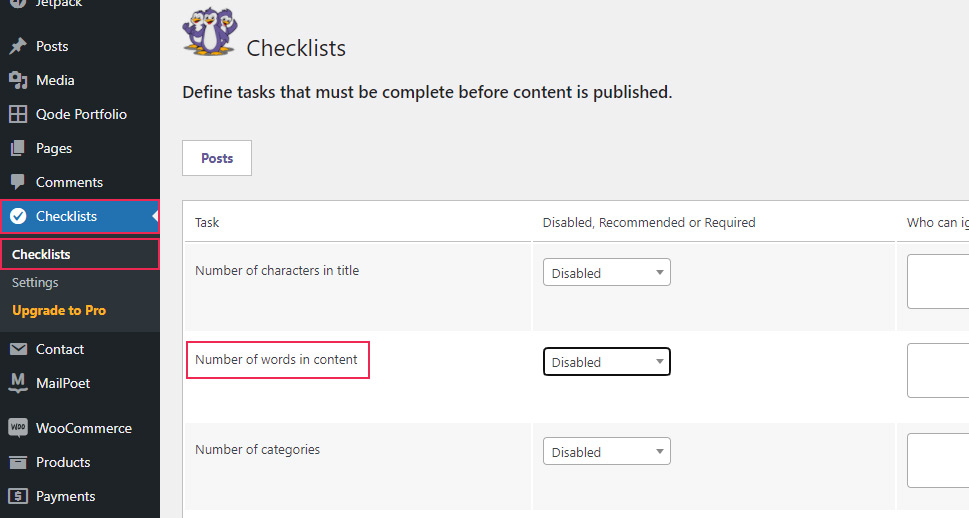 Checklists Number of Words in Content