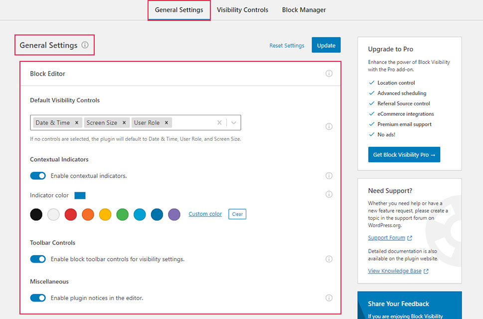 General Settings Block Visibility