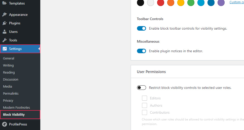 Settings Block Visibility