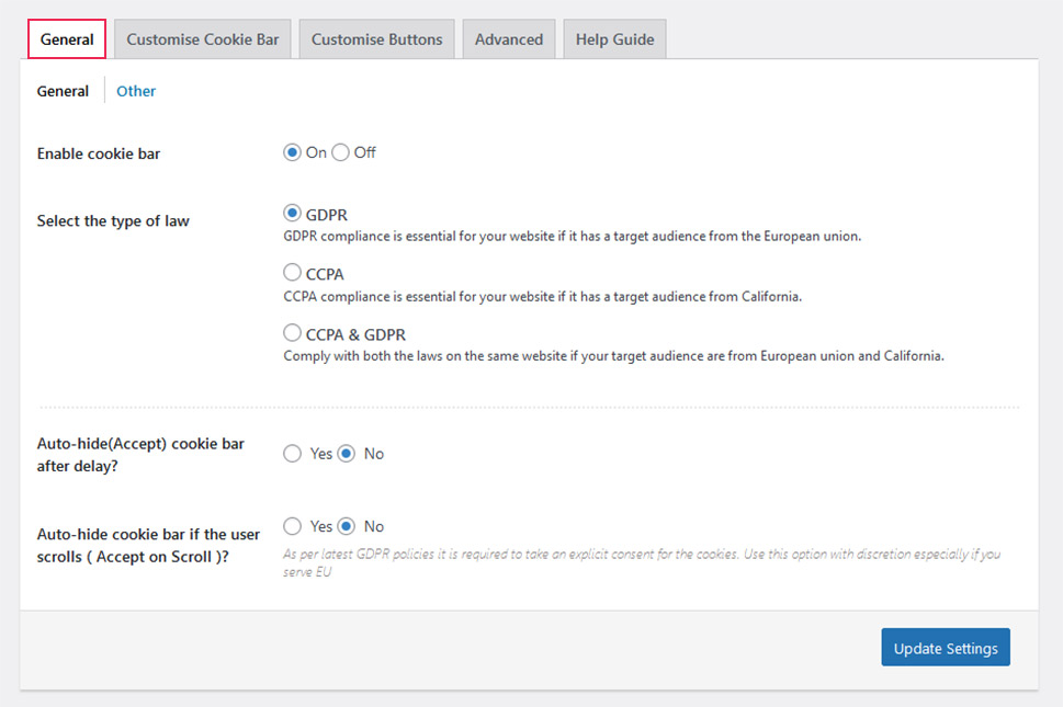 Cookie General Settings