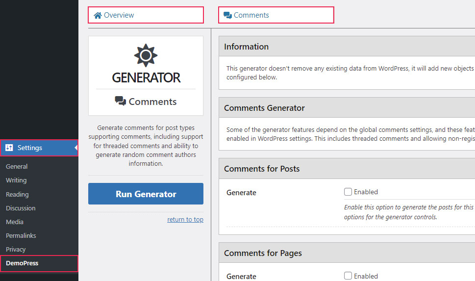 DemoPress Overview Comments