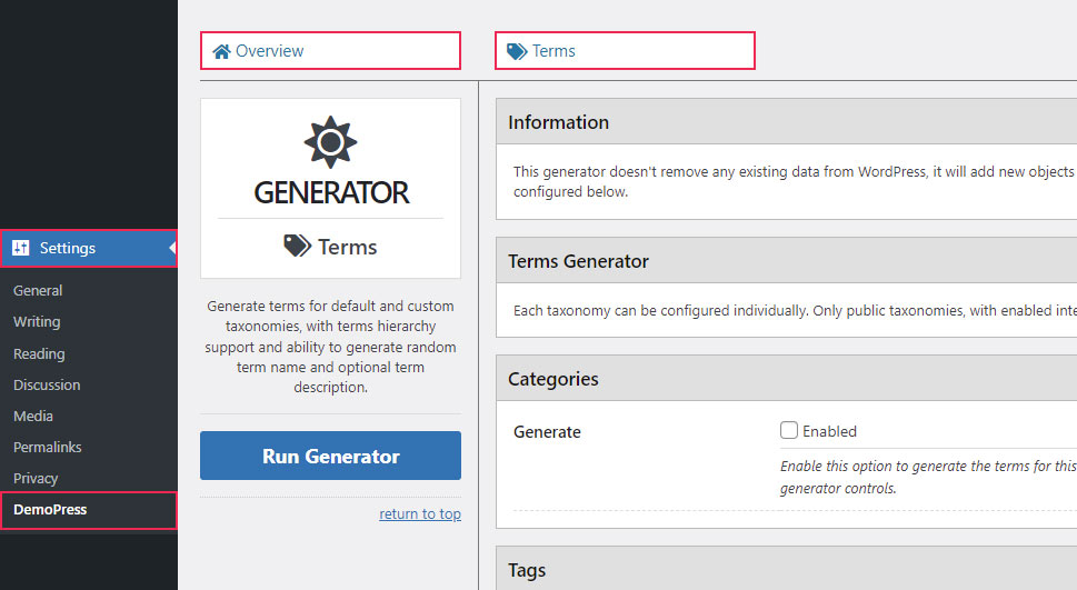 DemoPress Overview Terms