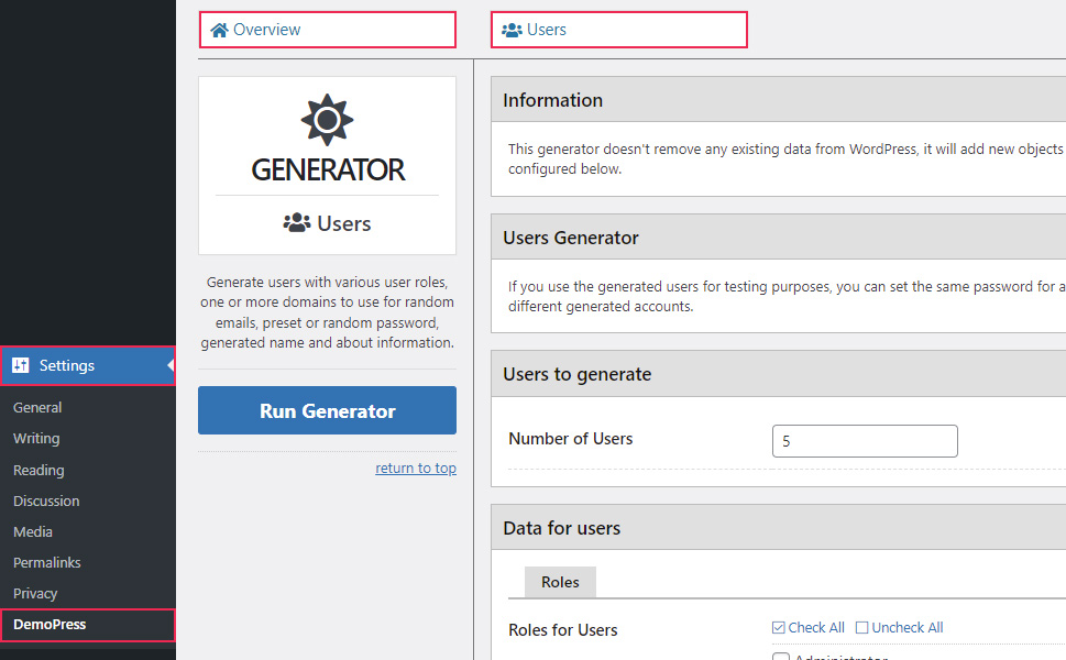 DemoPress Overview Users